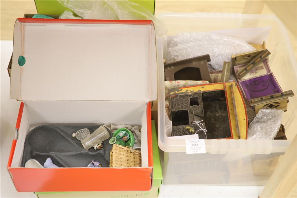 An assortment of dolls house furnishings and effects, ornaments, paintings and two etchings including three framed